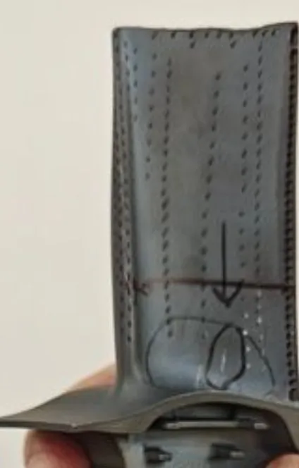 Turbine airfoil as received, with damage marked
